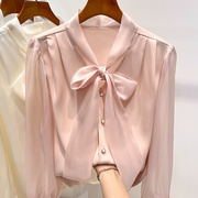 法式粉色防晒雪纺衬衫女装2024夏季V领蝴蝶结气质小香风上衣