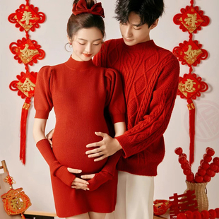 新年红色喜庆圣诞主题情侣孕妇写真摄影服装影楼夫妻孕妈拍照服饰