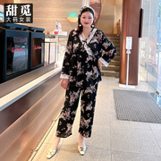 甜觅特大码女装2024春夏装胖mm300斤缎面碎花宽松舒适睡衣套装DF