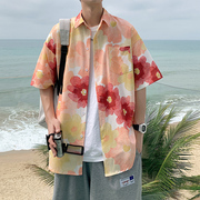 冰丝花衬衫男短袖夏季薄款透气夏威夷沙滩衬衣痞帅大码宽松外套潮