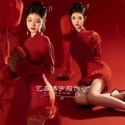 影楼新年龙年写真主题服装中国风复古红色旗袍少女艺术照摄影服装