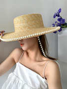 小香风格法式英伦复古珍珠，草编遮阳帽女防晒夏天度假出游百搭礼帽