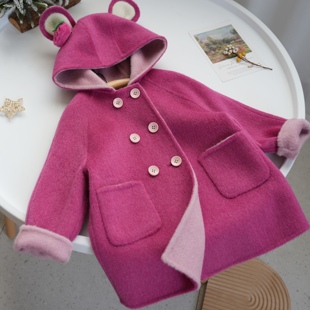 草莓熊双面(熊双面)羊毛大衣，儿童可爱卡通连帽，毛呢女童中长款玫红色外套厚