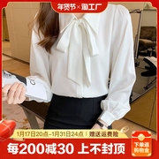 白色衬衫女2023春秋气质蝴蝶结系带雪纺长袖上衣通勤职业衬衣