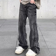 2023美式高街水洗做旧黑灰色牛仔裤男直筒宽松微喇叭长裤子