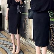 黑色高腰半身裙女秋韩版2024开叉一步中长裙，职业气质包臀裙子