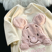 国潮oversize植绒粉色小猪短袖t恤男女小众设计感复古半袖ins上衣