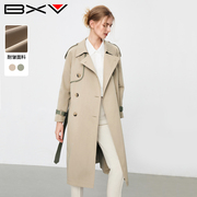 BXV驼色系带风衣女中长款2024春秋双排扣撞色设计感气质外套