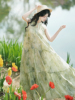 新中式国风无袖挂脖露肩连衣裙水墨印花吊带长裙复古绿裙子女夏季