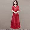 红色短袖波点连衣裙夏装2024年时尚遮肚日常可穿喜婆婆婚宴装