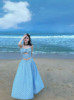 设计感蓝白格子吊带背心高腰半身裙套装裙超仙海边度假拍照两件套