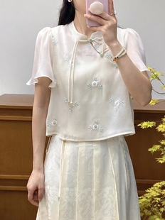 新中式国风盘扣复古雪纺衬衫女2024年夏季刺绣泡泡袖小衫上衣