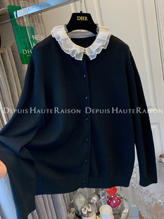 DHR 高级感超好看花边黑色慵懒风今年流行的漂亮毛衣针织衫上衣女