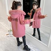 女童派克服儿童中长款棉衣2023仿皮草獭兔毛内胆加绒棉服外套