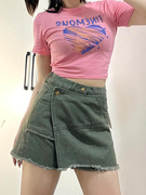 复古绿牛仔裙裤胖mm显瘦遮肚毛边个性裤，子女设计独特大码短裤夏季