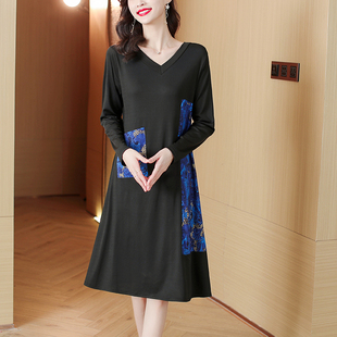 2022年秋季圆领通勤长袖A型印花大口袋蓝色长裙时尚韩版连衣裙女