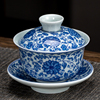 青花瓷三才盖碗茶杯单个高档泡茶陶瓷，敬茶碗带盖缠枝莲功夫茶具