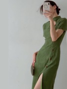 srose疏影深绿调复古日常款别致旗袍裙镂空开叉，新中式裙子2022