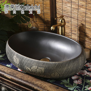 黑色椭大圆形台上盆欧式复古陶瓷洗漱盆中式创意，洗脸池洗手台台盆