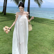 法式海边度假气质长裙女2024夏季高级白色吊带连衣裙仙女裙子