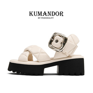 kumandor夏季真皮厚底，高跟凉鞋女露趾时尚百搭粗跟凉鞋