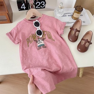 女童时髦短袖t恤连衣裙，2023夏季韩版宝宝，纯棉中长款卫衣裙子