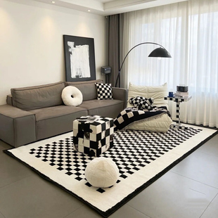 黑白北欧棋盘格地毯可擦防水地垫圈绒美式沙发，毯茶几地垫卧室网红