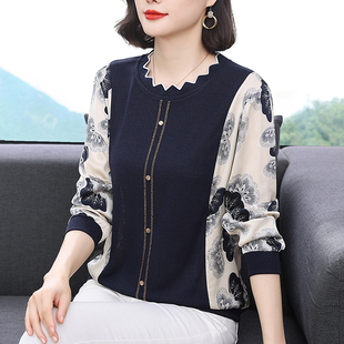 时尚长袖t恤女2025春秋装新款大码针织上衣服中老年妈妈秋衣外穿