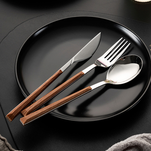 onlycook家用仿木柄叉勺三件套日式不锈钢牛排叉西餐餐具套装