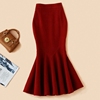 酒红色毛呢半身裙秋冬女长鱼尾，高腰弹力长，鱼尾裙羊毛包臀裙子