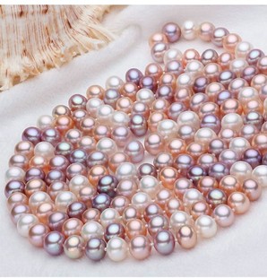 天然珍混彩色珍珠毛衣链近圆多层长款淡水珍珠项链粉紫色珍珠