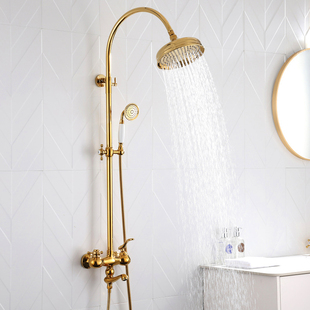 黄铜轻奢法式金色淋浴花洒套装，壁挂式升降杆单把仿古欧式水龙头