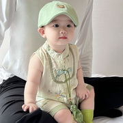 夏款婴儿衣服中国风男女宝宝连体衣夏装洋气汉服唐装无袖中式爬服