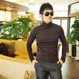 定制秋季韩版男士修身咖啡色，高领长袖t恤纯棉，打底衫紧身纯色内衣