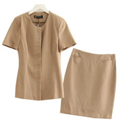 2023夏季职业装纯色简约短袖单排扣开衫，高腰包(高腰包)臀半身裙套装两件套