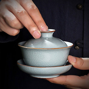 汝窑弥言建水紫陶三才盖碗，胖东来单个茶杯高档陶瓷景德镇茶具套装
