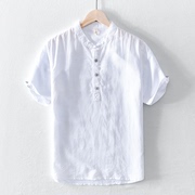 中国风夏季男士亚麻衬衫棉麻上衣短袖立领棉麻料打底衬衣中式3305