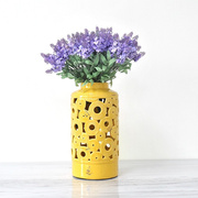 田园风欧式镂空圆柱黄色陶瓷，花瓶家居样板房，复古做旧花器桌面摆件