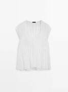 夏 Massimo Dutti2024女装法式优雅白色舒适纯棉V领无袖衬衫