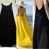 波西米亚黄色黑色沙滩裙，海边度假超仙仙女飘逸显宽松吊带连衣裙