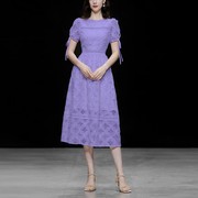 夏季女装2023气质蓝紫色泡泡，袖收腰显瘦镂空连衣裙长裙裙子女