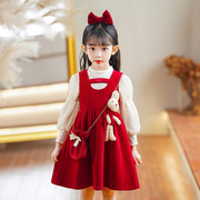 女童连衣裙套装春秋小女孩公主裙甜美幼儿园红色裙子两件套姐妹装
