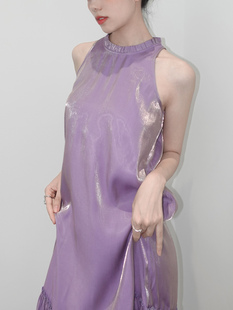 若浓「圆舞」系列流光淡紫色仙女人鱼姬无袖法式花边吊带度假长裙