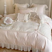 法式粉色少女全棉磨毛床上四件套公主风100支纯棉蕾丝边被套床单4