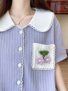 显白香芋紫娃娃领短袖睡衣女棉质夏季甜美薄款简约套装家居服