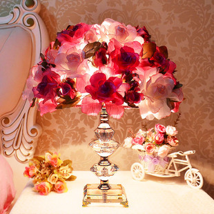 卧室床头灯结婚布艺花朵水晶，台灯调光温馨浪漫玫瑰婚房婚庆台灯