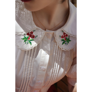 Ching's复古双层领绣花上衣 五分袖泡泡灯笼袖可爱通勤棉布白衬衫