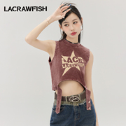 LA CRAWFISH美式复古街头字母印花无袖T恤背心镂空露腰辣妹上衣女