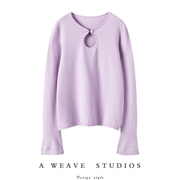 牧绒飞〓绒+〓特粉，紫色镂空珍珠扣喇叭，袖羊绒毛衣女2023秋冬