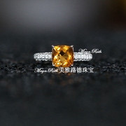 天然巴西黄水晶戒指公主方925纯银镀白金指环招财送女友生日礼物